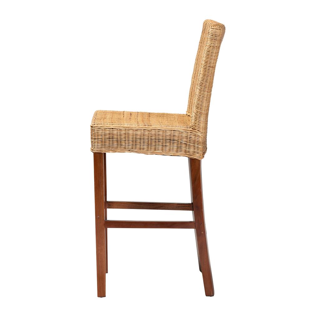 bali & pari Racquel Modern Bohemian Natural Rattan and Mahogany Wood Bar Stool. Picture 13
