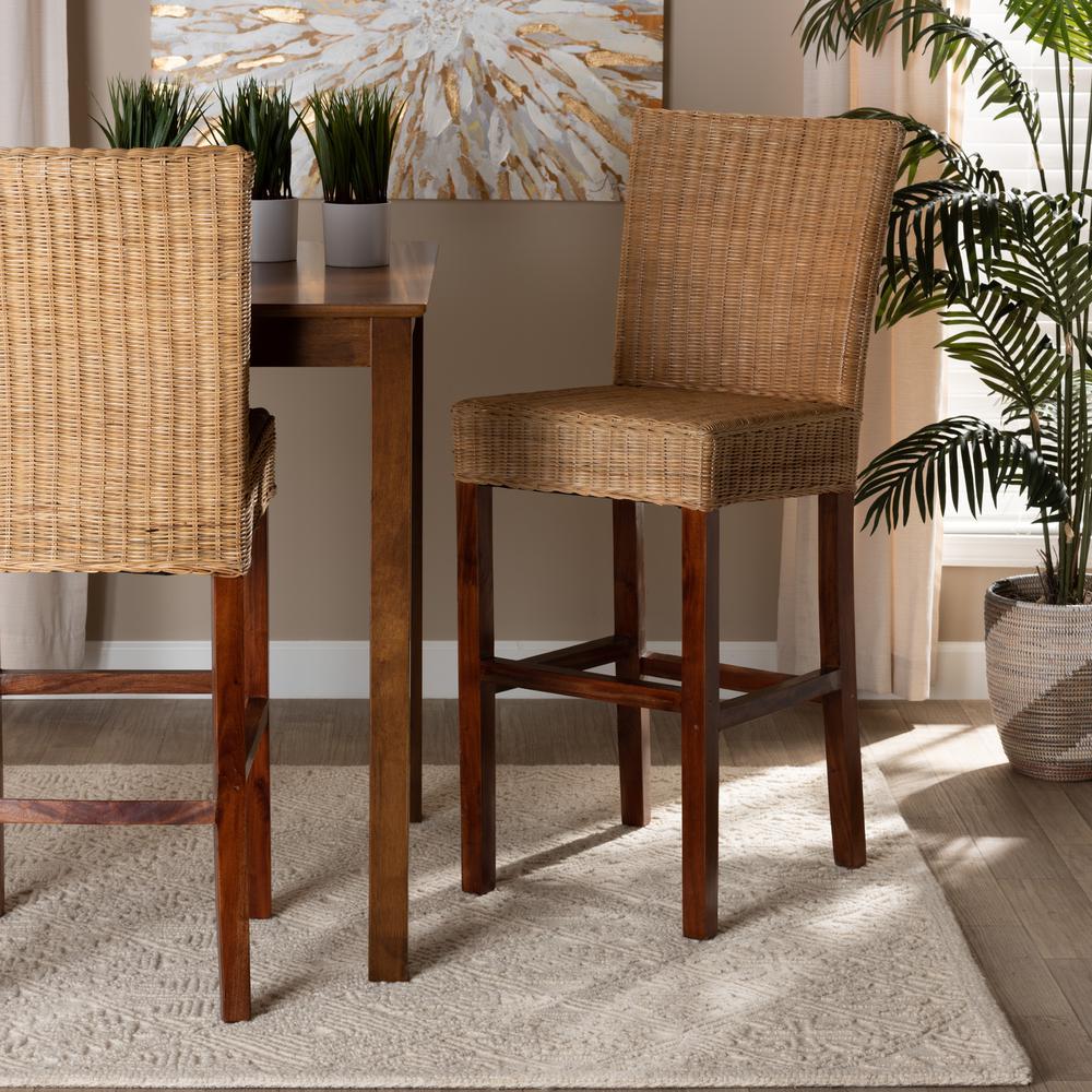 bali & pari Racquel Modern Bohemian Natural Rattan and Mahogany Wood Bar Stool. Picture 18