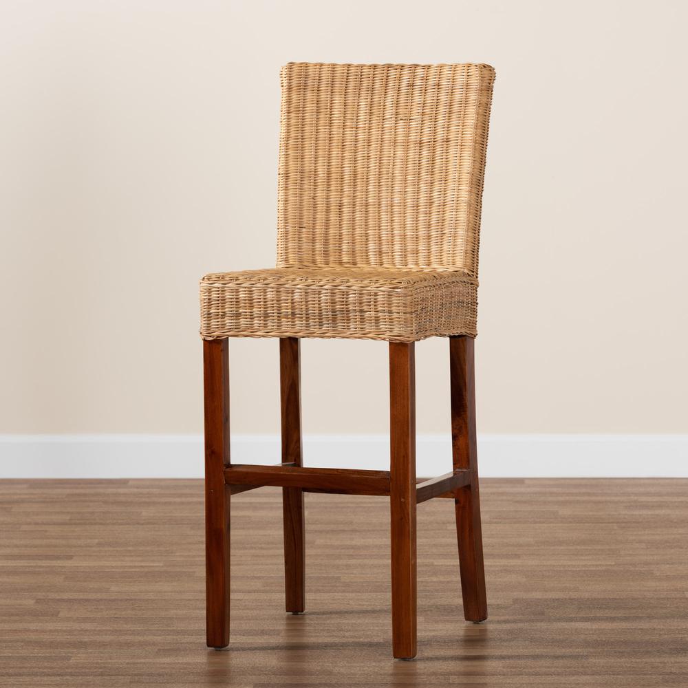 bali & pari Racquel Modern Bohemian Natural Rattan and Mahogany Wood Bar Stool. Picture 19