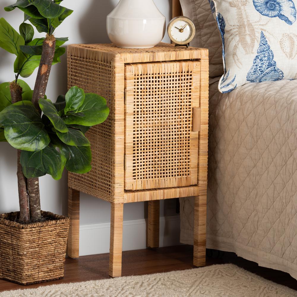 bali & pari Vivan Modern Bohemian Natural Brown Rattan 1-Door Nightstand. Picture 20
