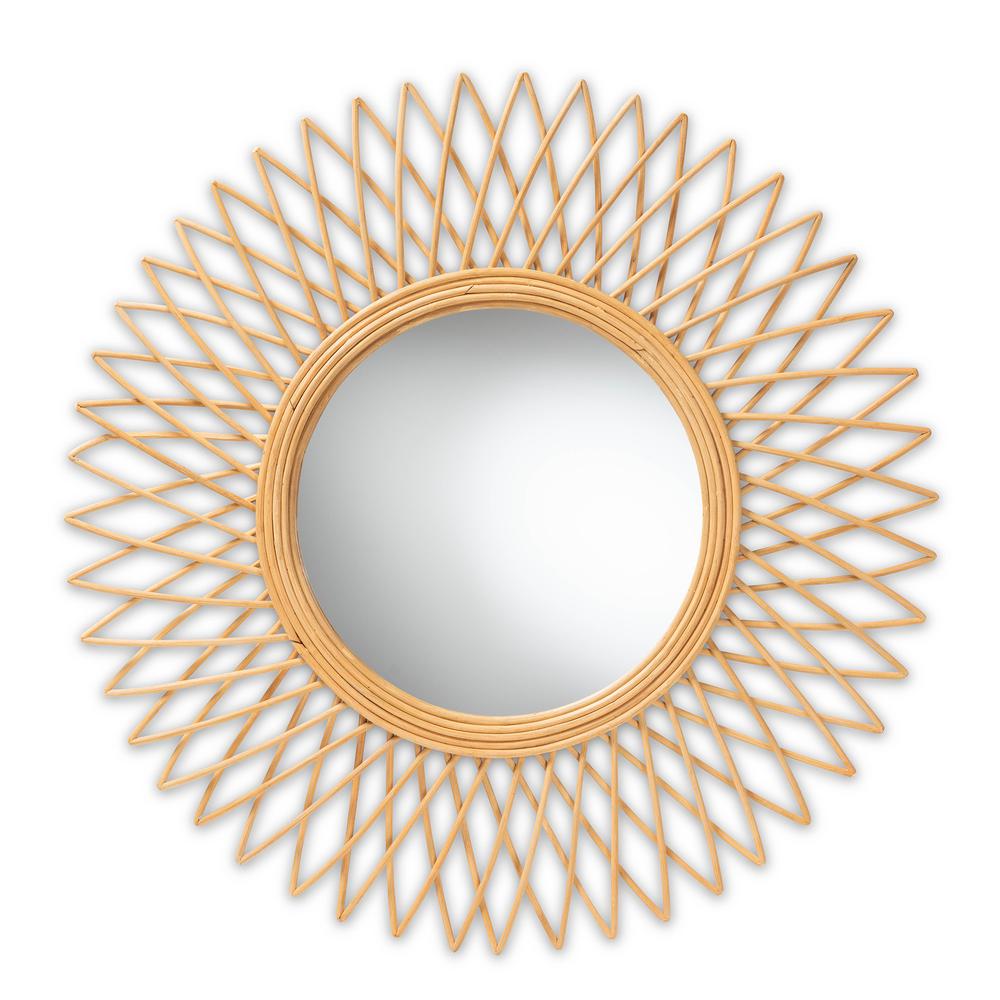 bali & pari Vera Modern Bohemian Natural Brown Rattan Accent Wall Mirror. Picture 5