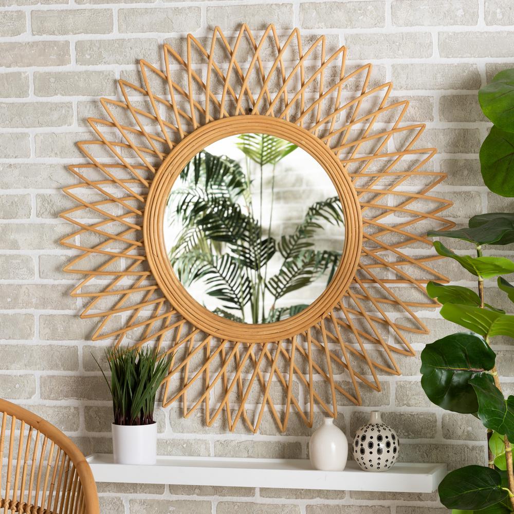 bali & pari Vera Modern Bohemian Natural Brown Rattan Accent Wall Mirror. Picture 7