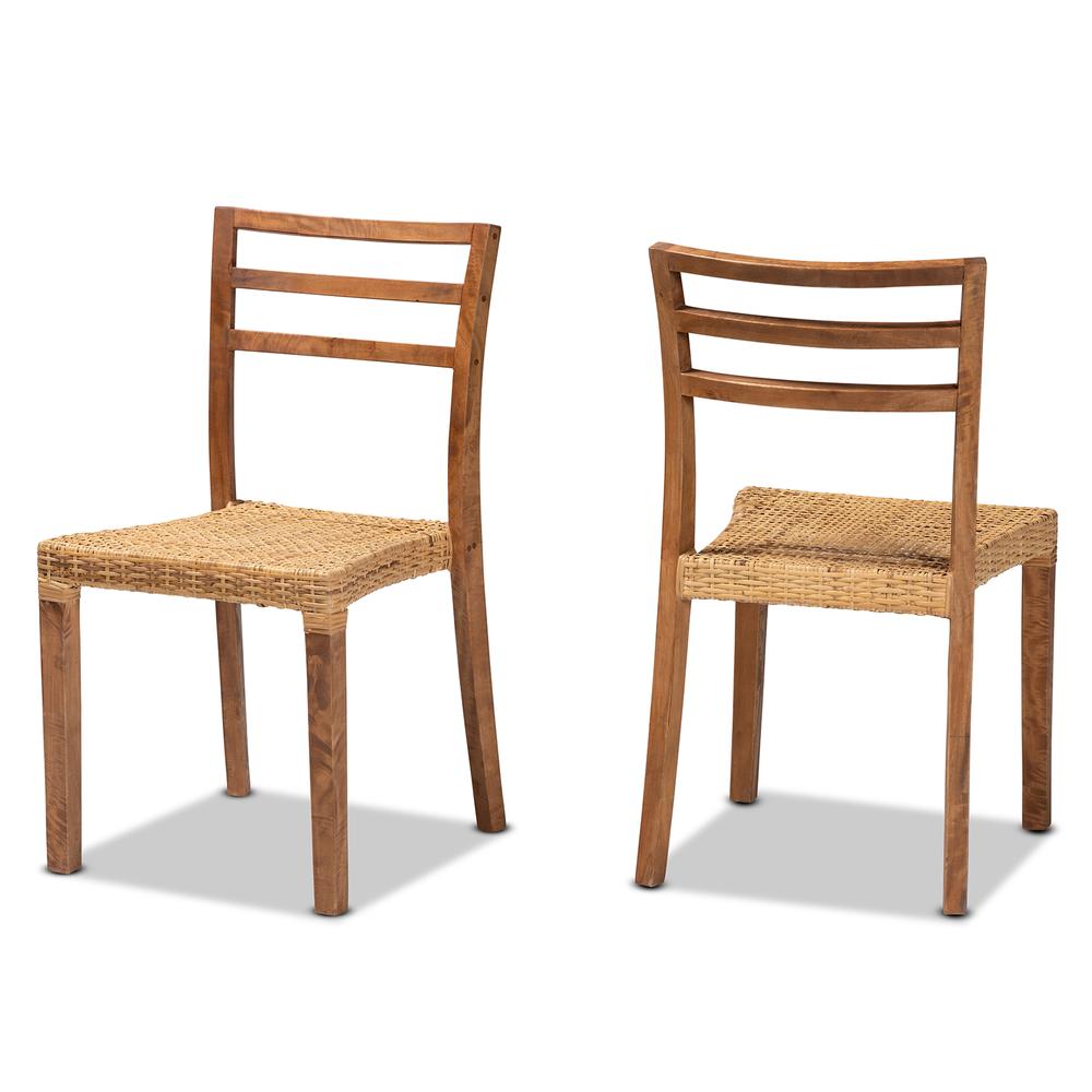 Walnut Brown Mahogany Wood and Natural Rattan 2-Piece Dining Chair Set. Picture 10