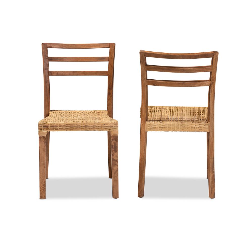 Walnut Brown Mahogany Wood and Natural Rattan 2-Piece Dining Chair Set. Picture 11