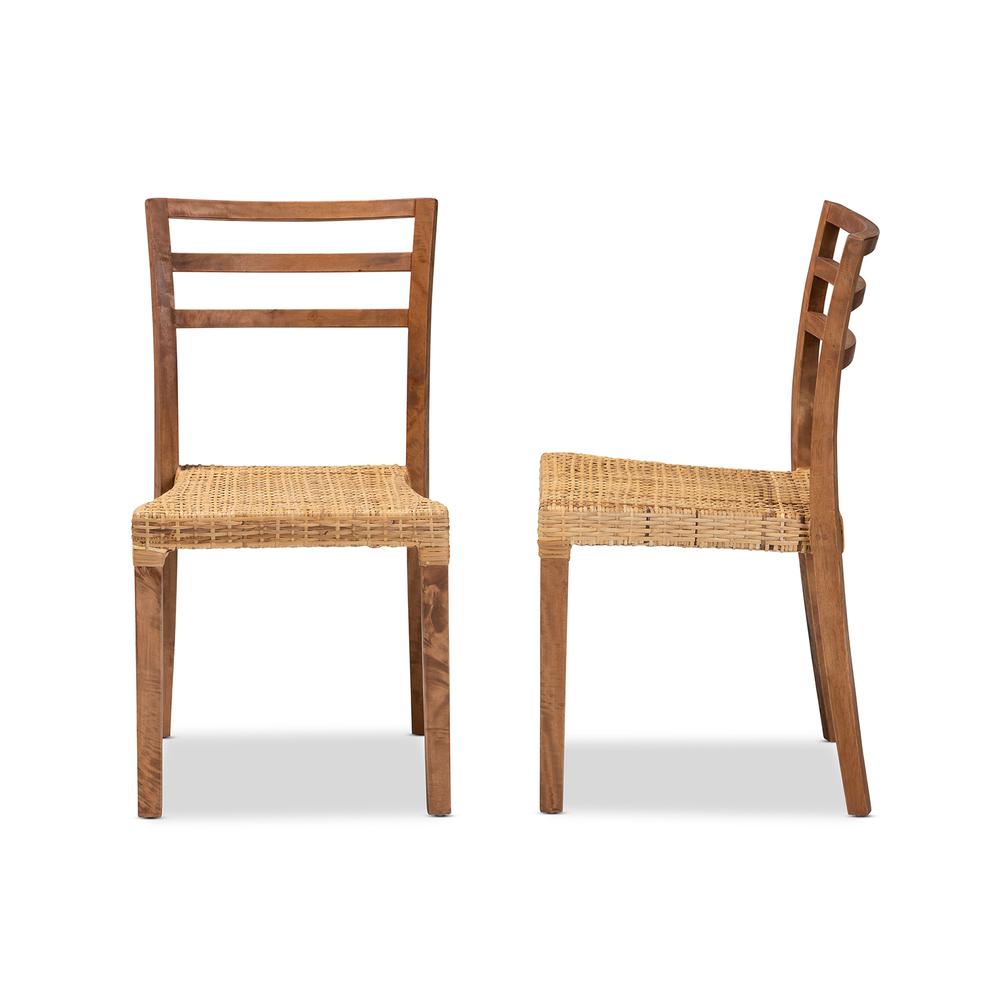 Walnut Brown Mahogany Wood and Natural Rattan 2-Piece Dining Chair Set. Picture 12