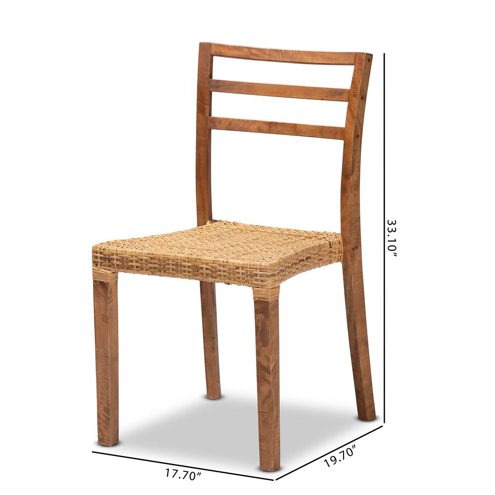 Walnut Brown Mahogany Wood and Natural Rattan 2-Piece Dining Chair Set. Picture 18