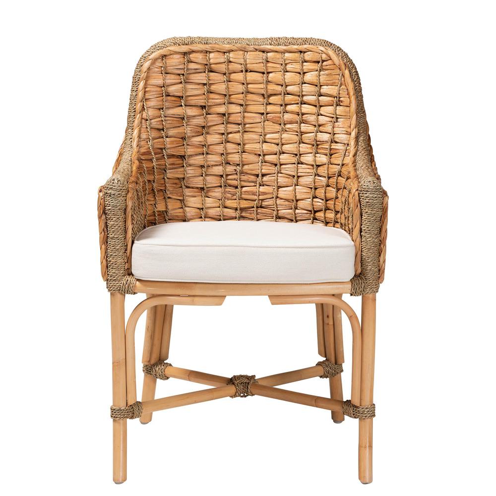 Bohemian Natural Brown Woven Rattan Dining Arm Chair with Cushion. Picture 12