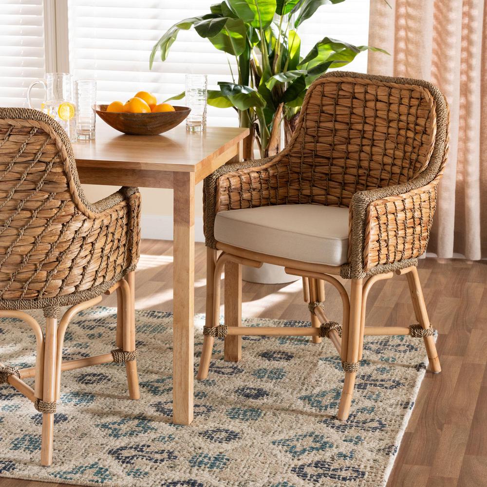 Bohemian Natural Brown Woven Rattan Dining Arm Chair with Cushion. Picture 18
