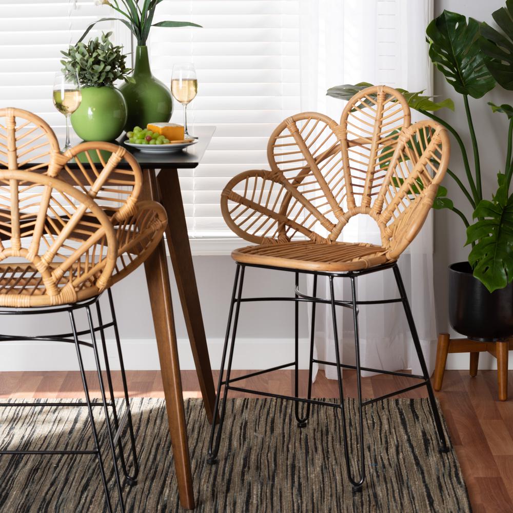 Bohemian Natural Brown Rattan and Black Metal Counter Stool. Picture 18