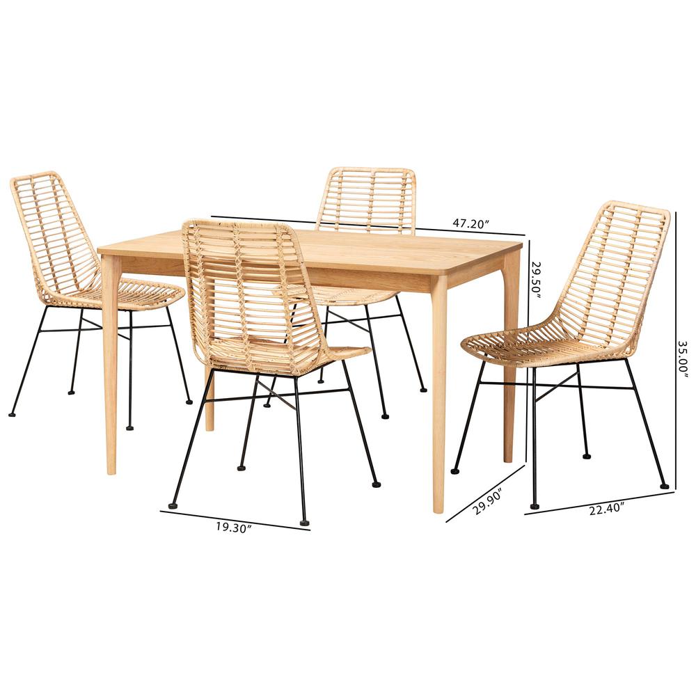 Bohemian Rattan and Natural Oak Finished Wood 5-Piece Dining Set. Picture 20