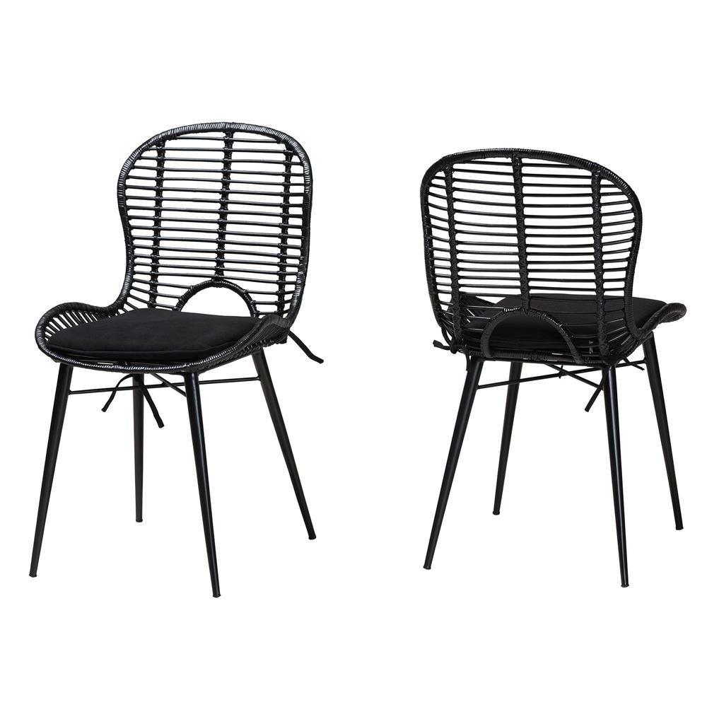 Bohemian Black Finished Rattan and Metal 2-Piece Dining Chair Set. Picture 10
