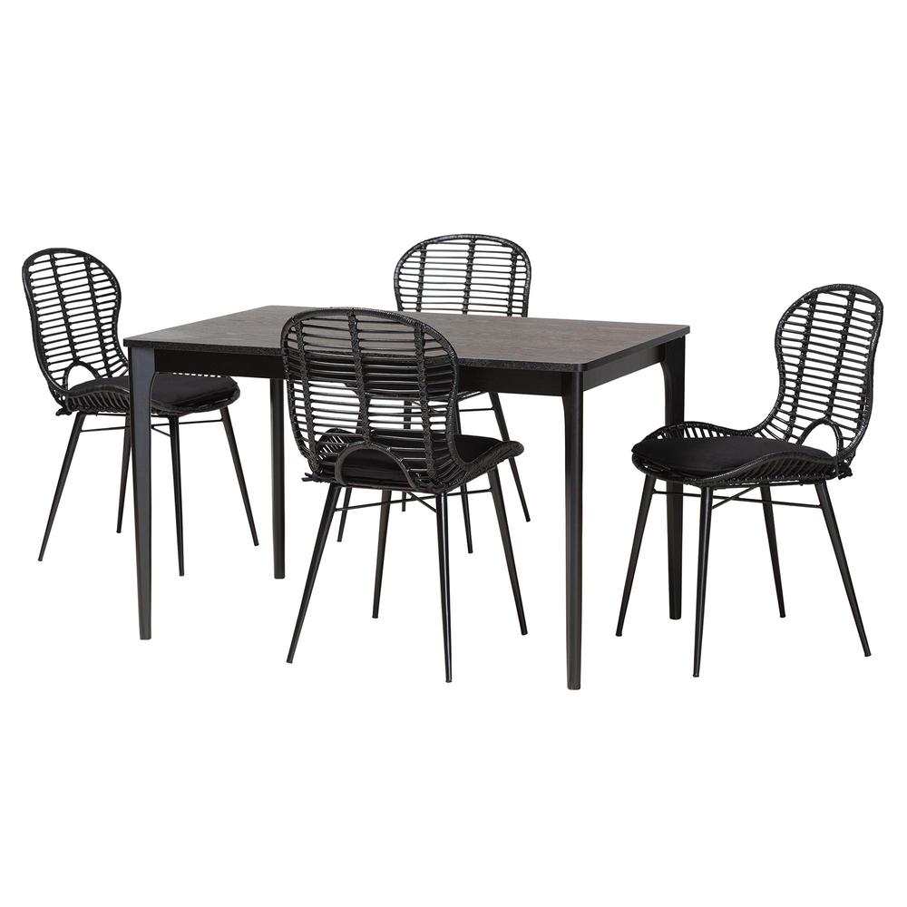 Brenna Modern Bohemian Black Finished Wood and Rattan 5-Piece Dining Set. Picture 11