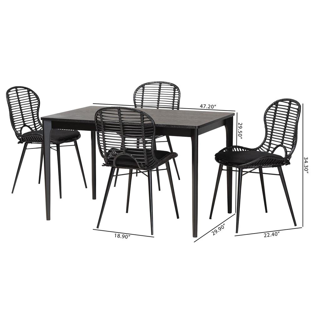 Brenna Modern Bohemian Black Finished Wood and Rattan 5-Piece Dining Set. Picture 20