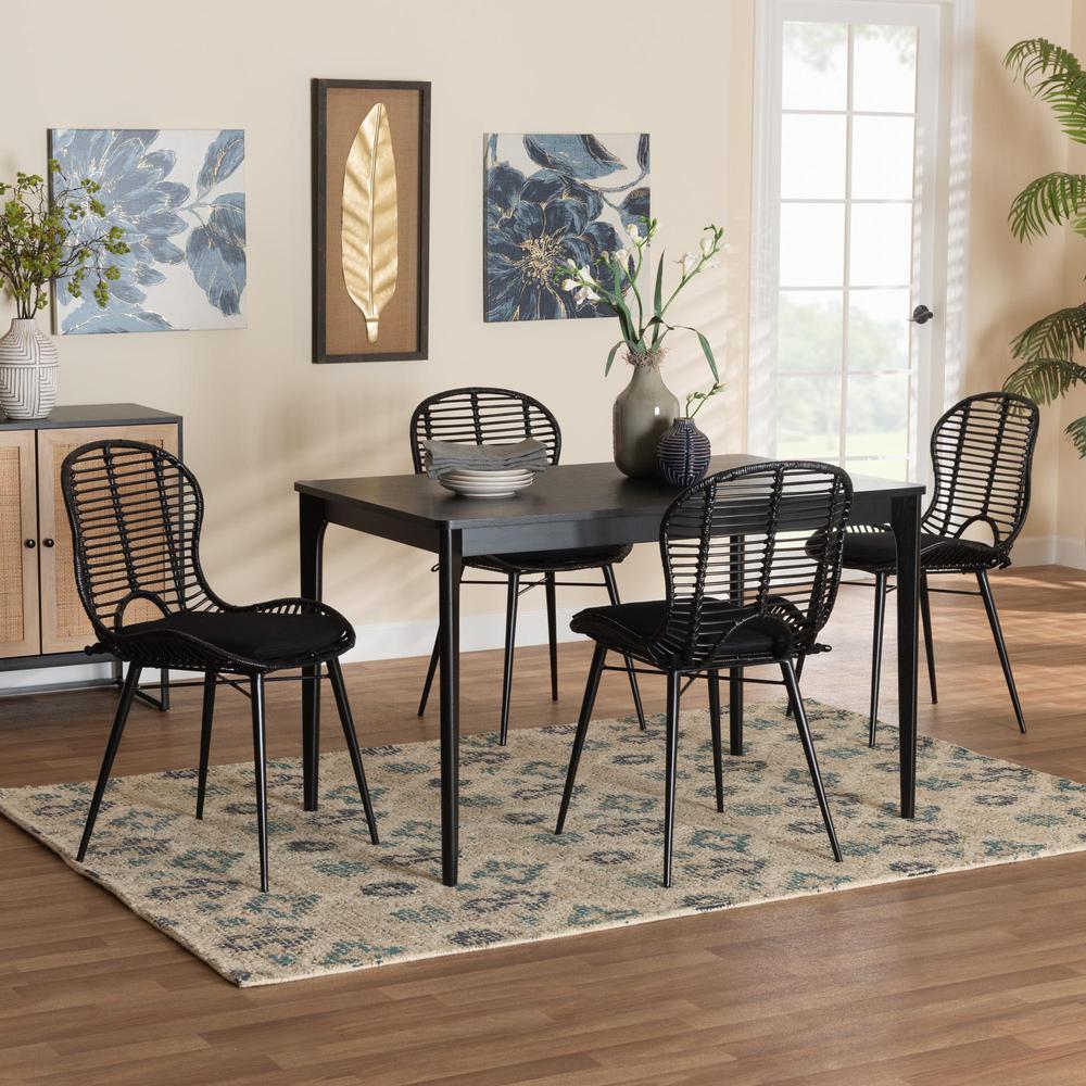 Brenna Modern Bohemian Black Finished Wood and Rattan 5-Piece Dining Set. Picture 18