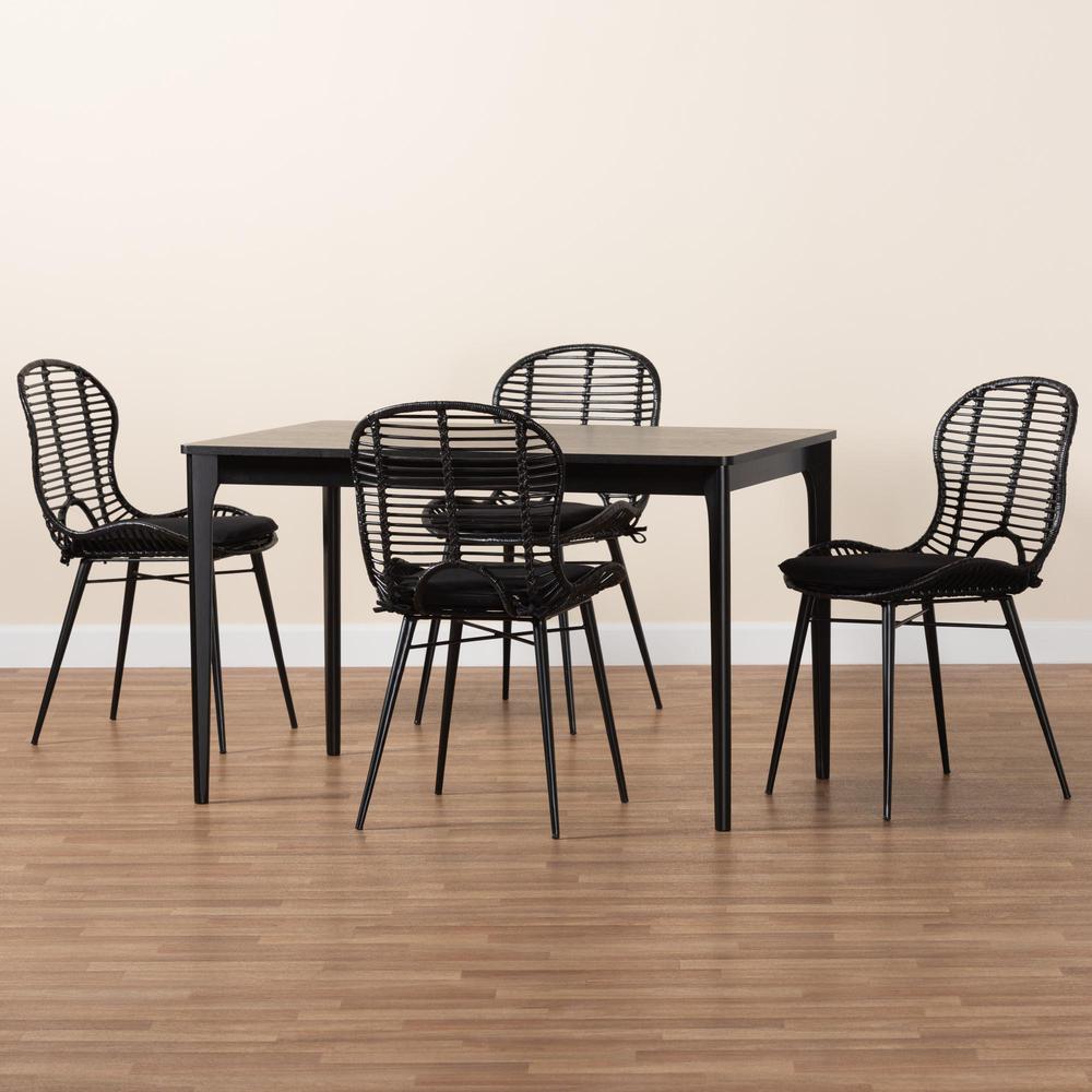 Brenna Modern Bohemian Black Finished Wood and Rattan 5-Piece Dining Set. Picture 19