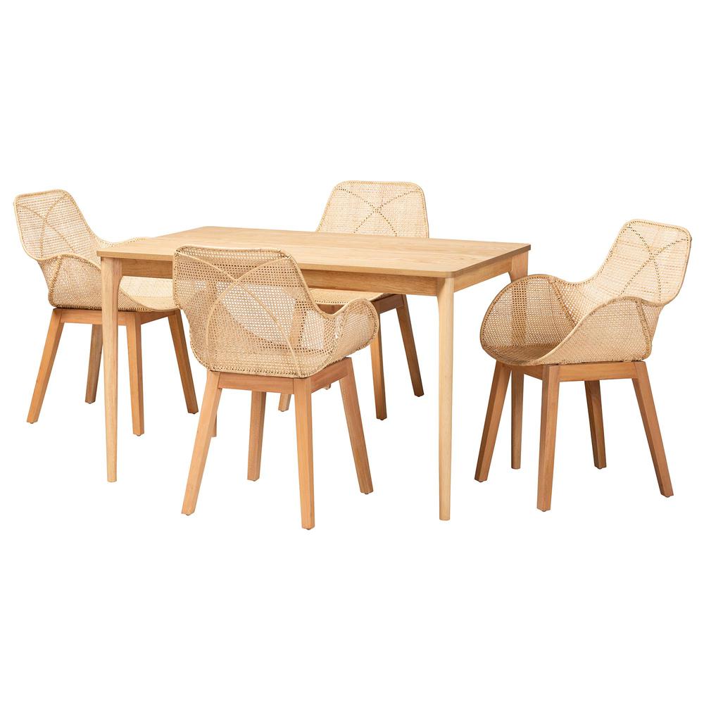 Ballerina Japandi Natural Brown Mahogany Wood and Rattan 5-Piece Dining Set. Picture 11