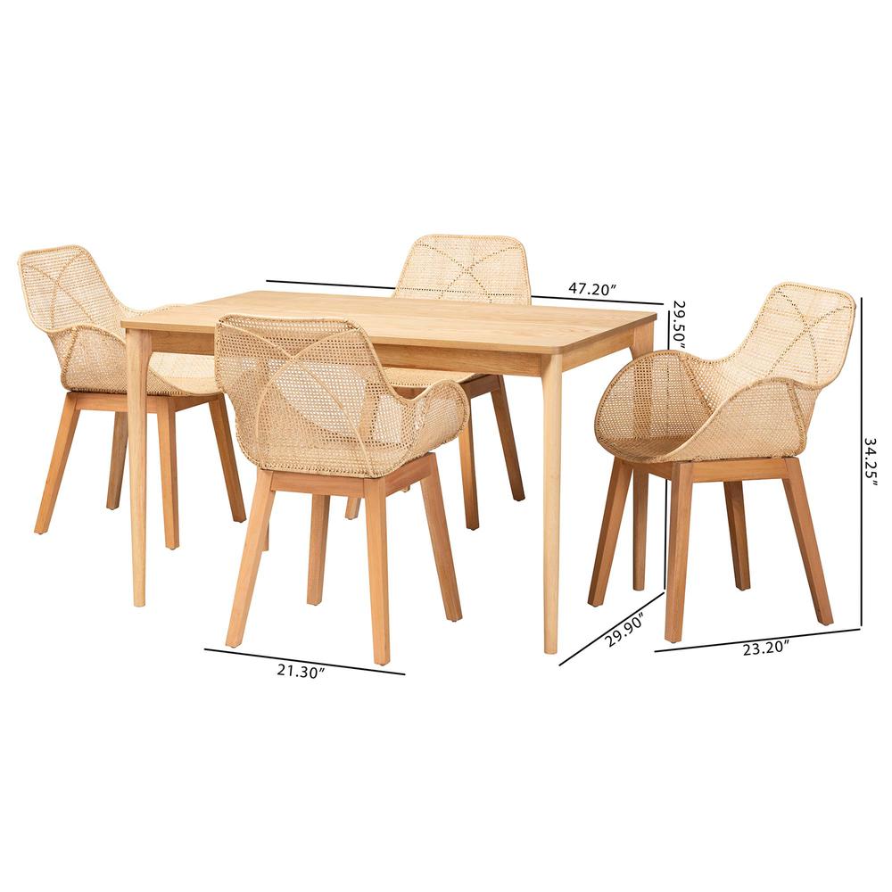 Ballerina Japandi Natural Brown Mahogany Wood and Rattan 5-Piece Dining Set. Picture 20