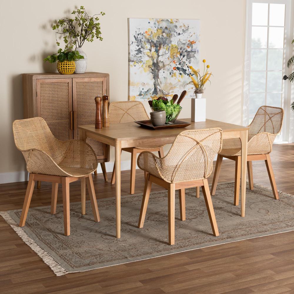Ballerina Japandi Natural Brown Mahogany Wood and Rattan 5-Piece Dining Set. Picture 18