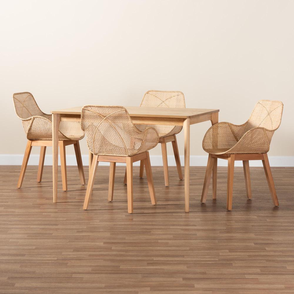 Ballerina Japandi Natural Brown Mahogany Wood and Rattan 5-Piece Dining Set. Picture 19
