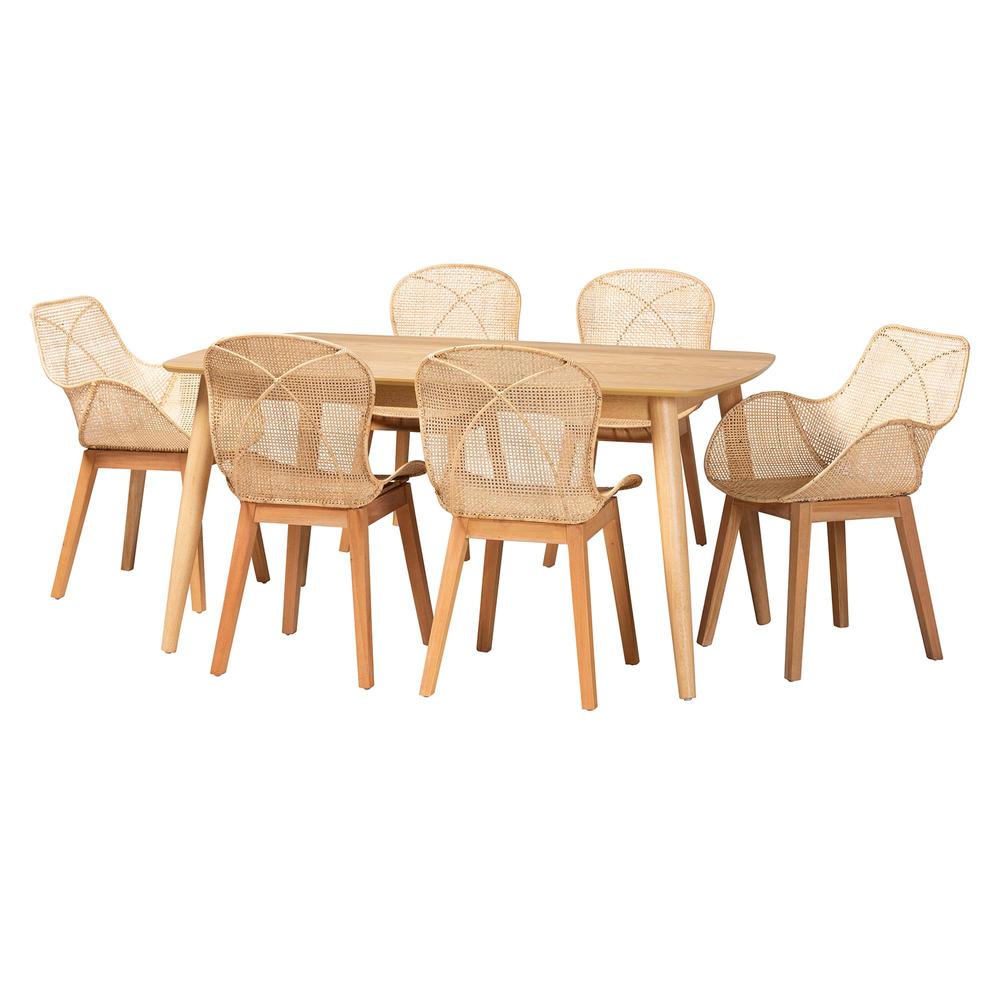 Emmali Modern Bohemian Natural Brown Finished Wood and Rattan 7-Piece Dining Set. Picture 13