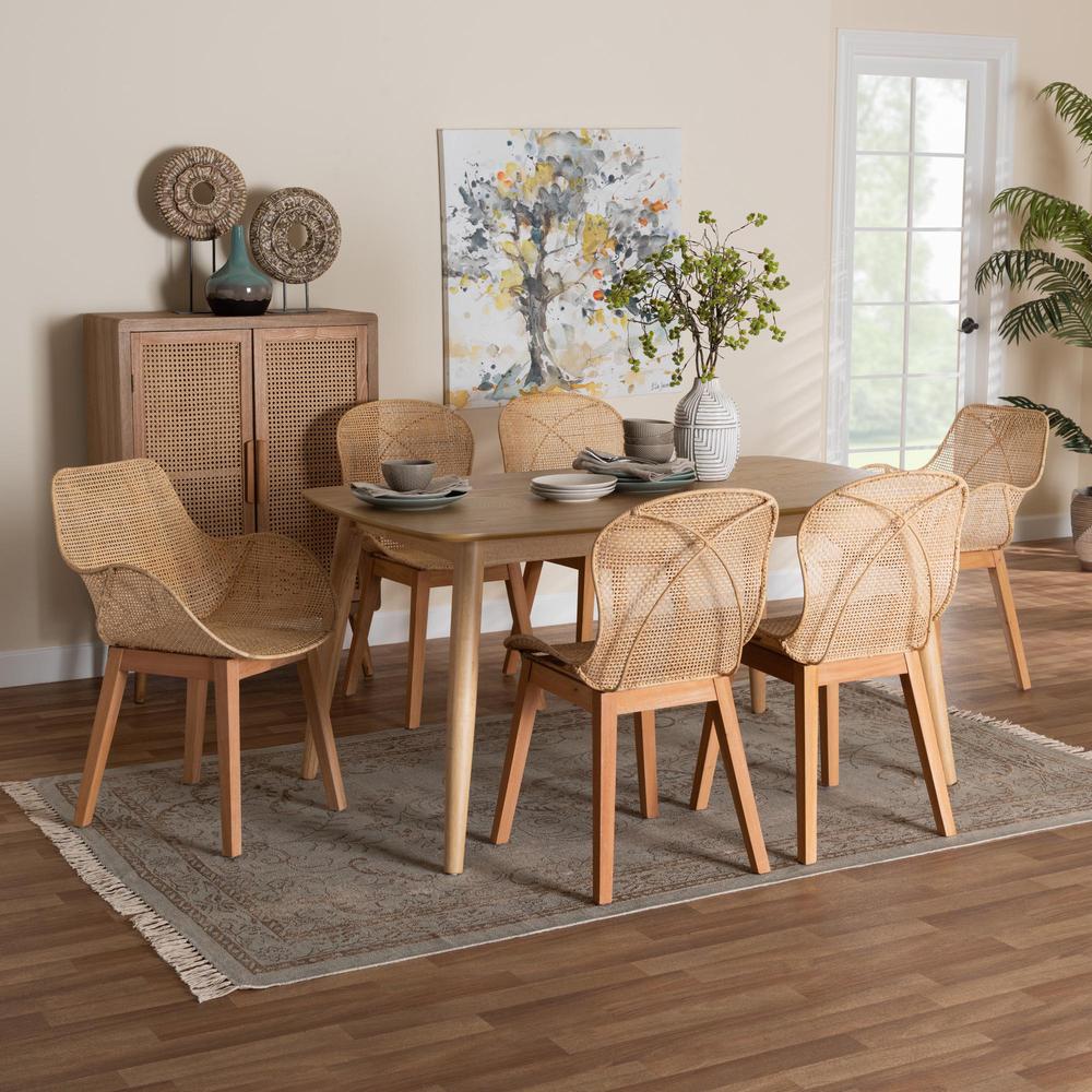 Emmali Modern Bohemian Natural Brown Finished Wood and Rattan 7-Piece Dining Set. Picture 22