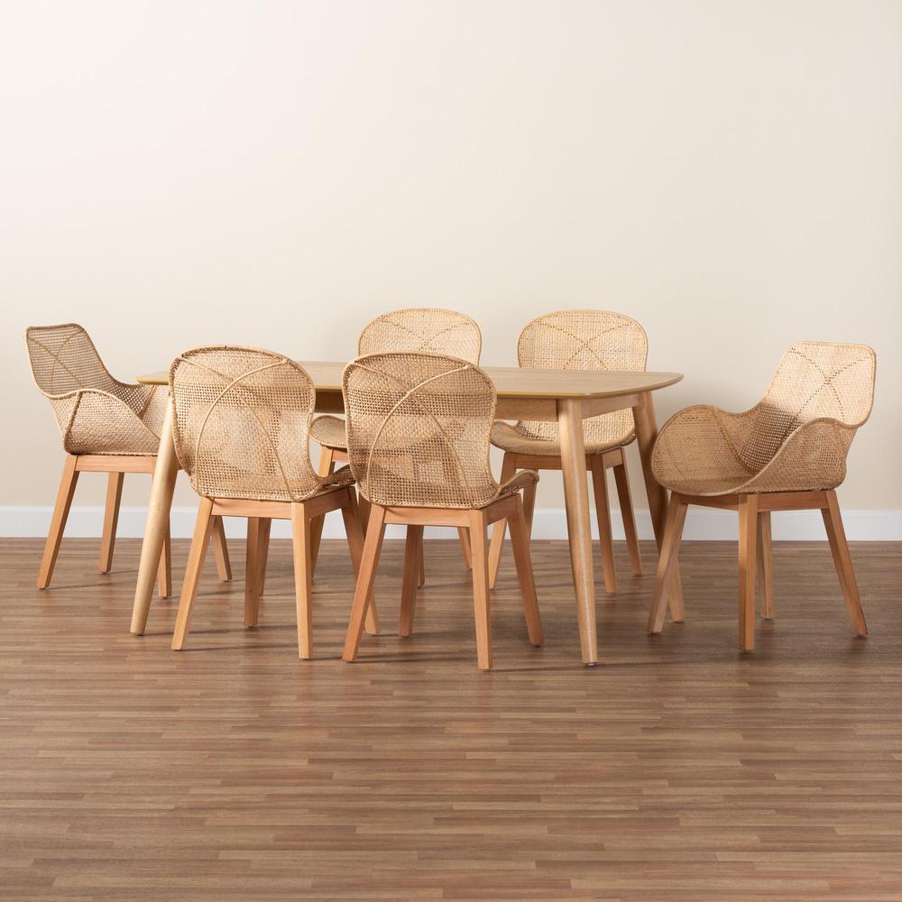 Emmali Modern Bohemian Natural Brown Finished Wood and Rattan 7-Piece Dining Set. Picture 23