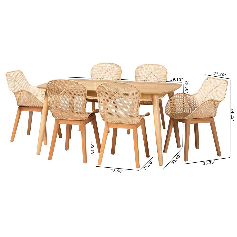 Emmali Modern Bohemian Natural Brown Finished Wood and Rattan 7-Piece Dining Set. Picture 24