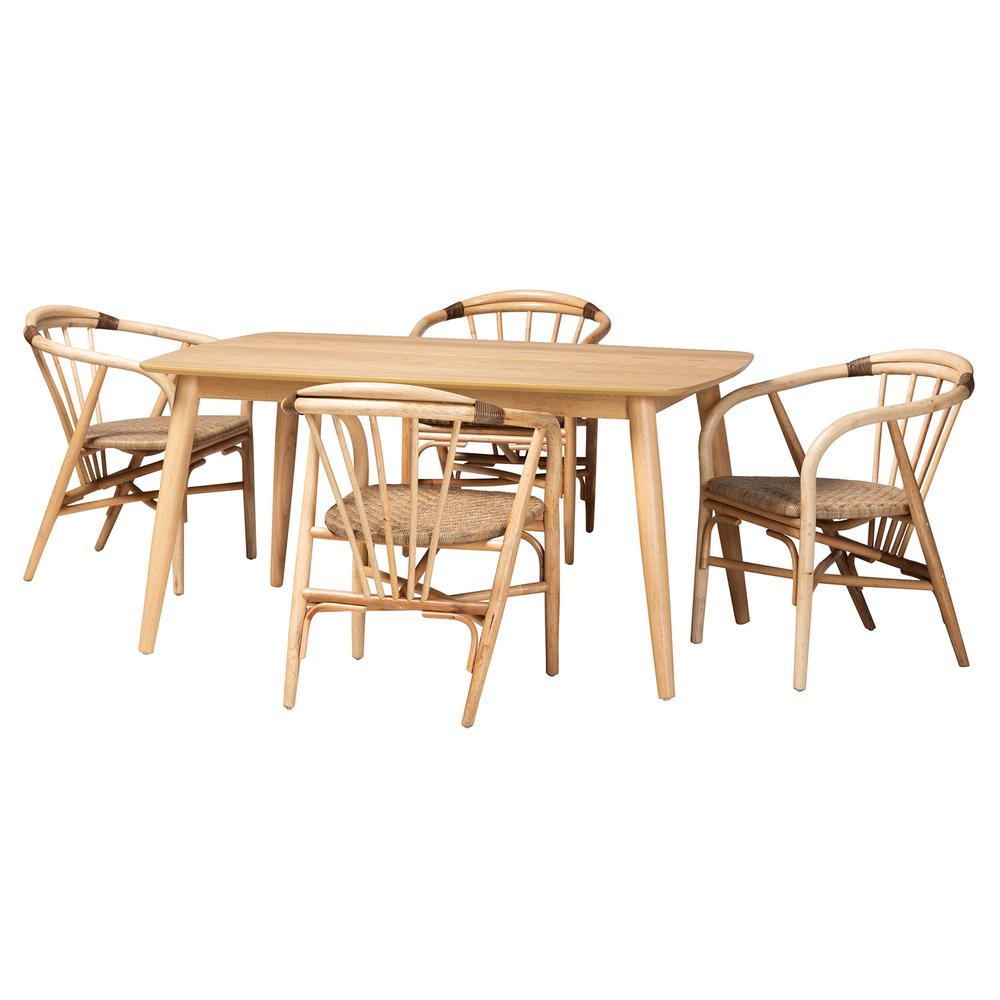 Kyoto Modern Bohemian Natural Brown Finished Wood and Rattan 5-Piece Dining Set. Picture 11