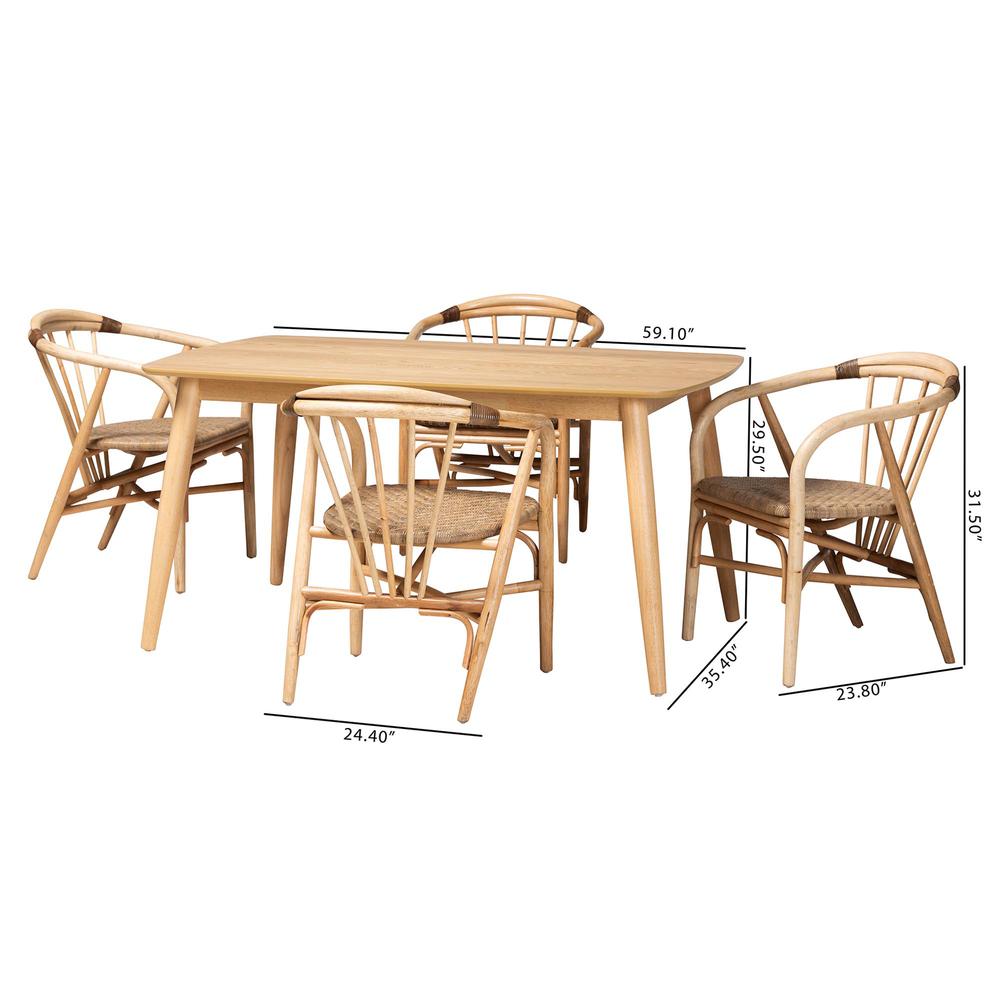 Kyoto Modern Bohemian Natural Brown Finished Wood and Rattan 5-Piece Dining Set. Picture 20