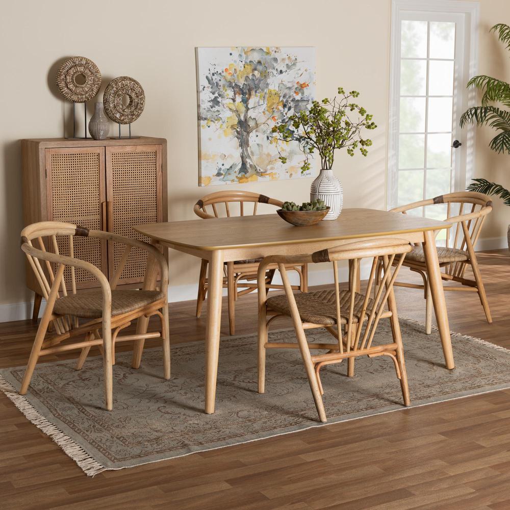 Kyoto Modern Bohemian Natural Brown Finished Wood and Rattan 5-Piece Dining Set. Picture 18