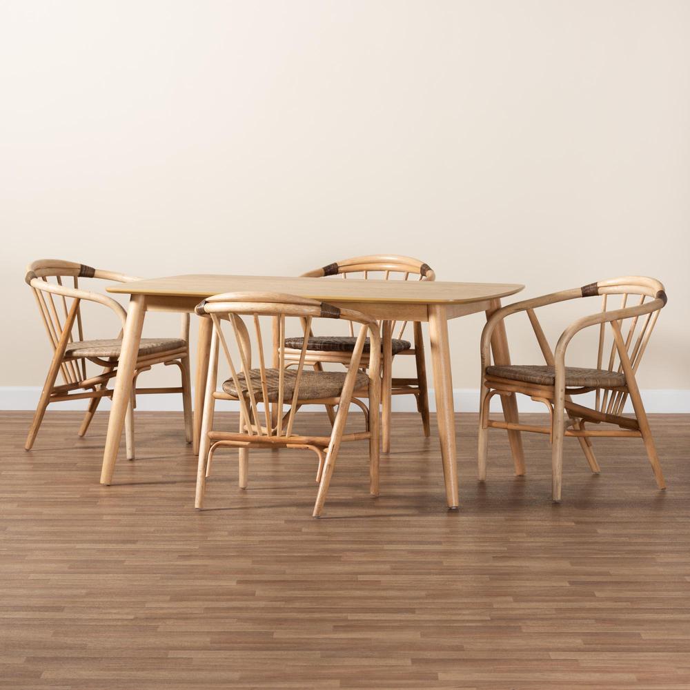 Kyoto Modern Bohemian Natural Brown Finished Wood and Rattan 5-Piece Dining Set. Picture 19