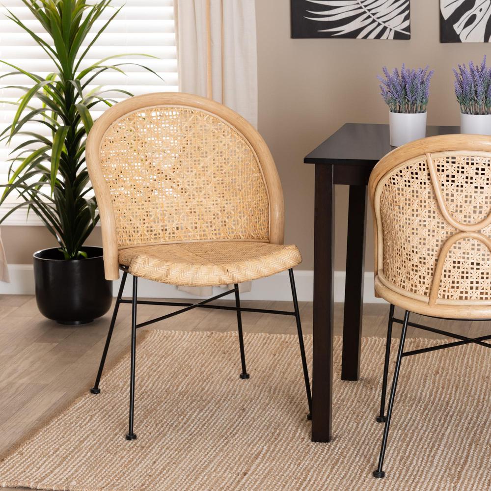 Bohemian Natural Brown Rattan and Black Metal Dining Chair. Picture 18