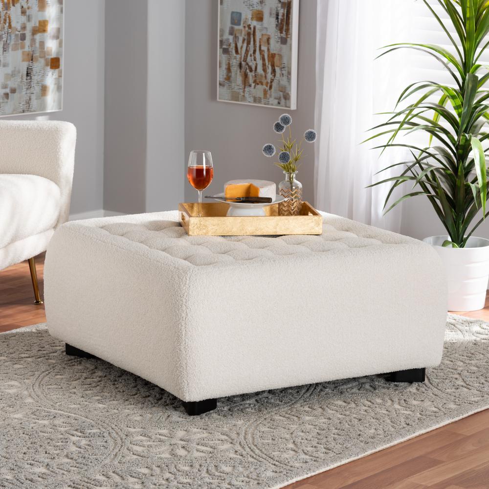 Ivory Boucle Upholstered and Black Finished Wood Square Ottoman. Picture 14