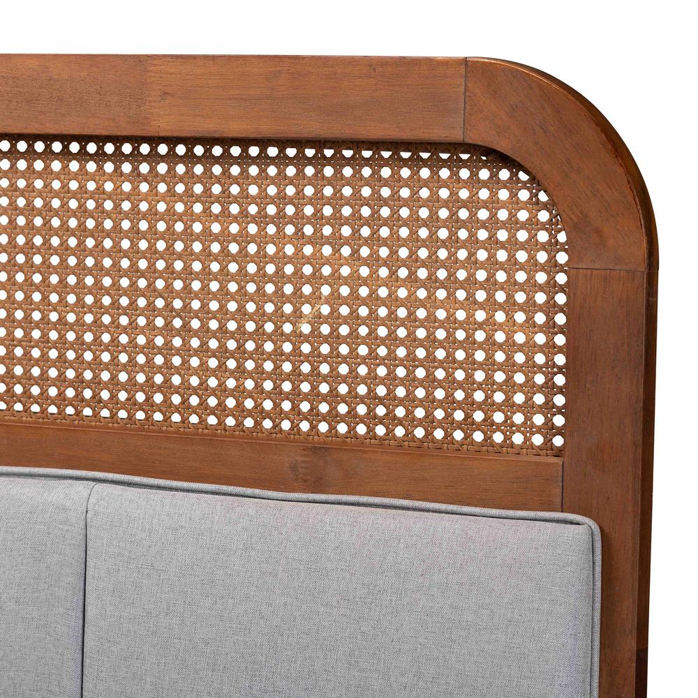 Light Grey Fabric and Ash Walnut Finished Wood King Size Headboard with Rattan. Picture 12