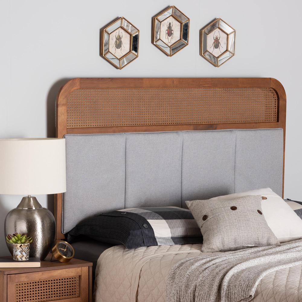 Light Grey Fabric and Ash Walnut Finished Wood King Size Headboard with Rattan. Picture 14