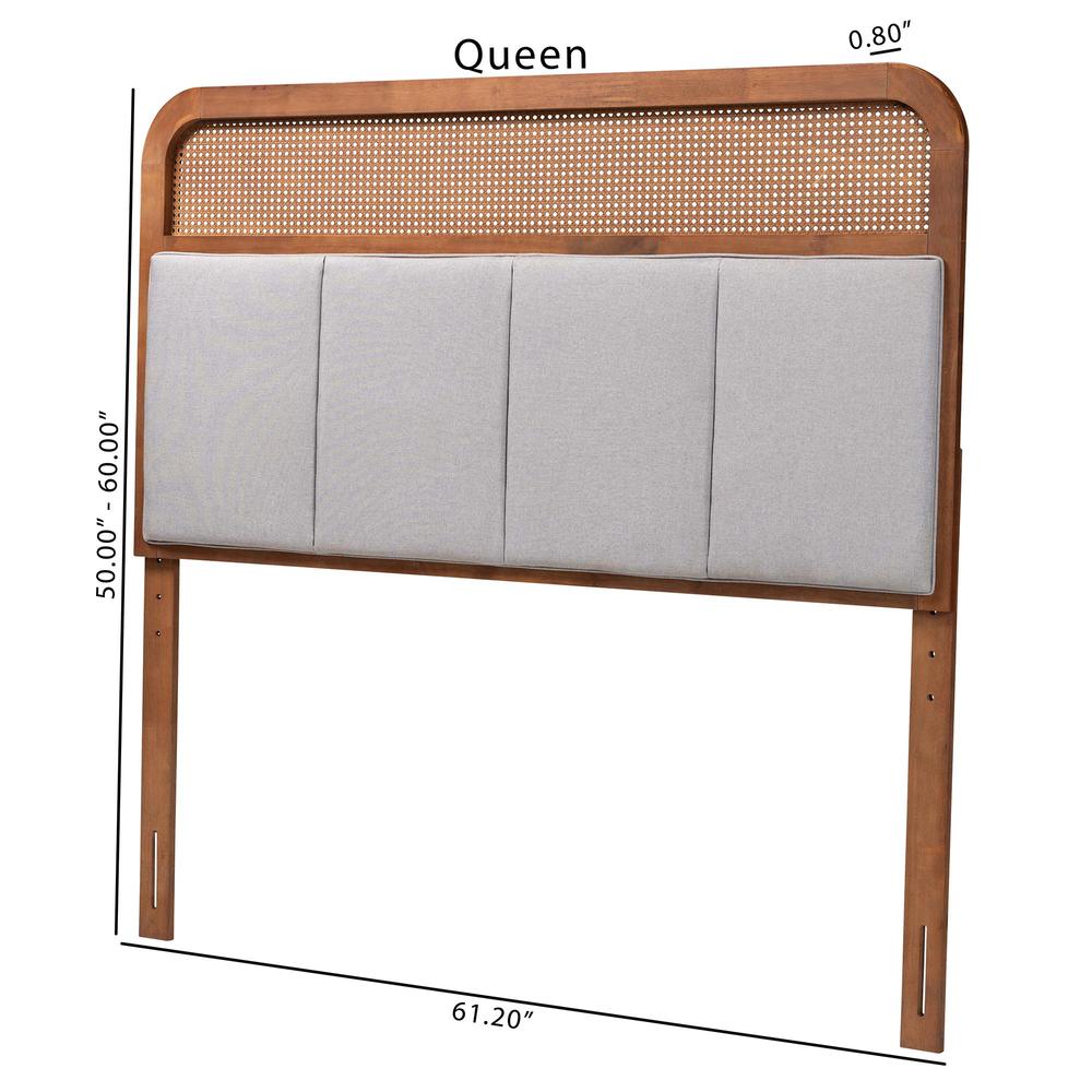 Light Grey Fabric and Ash Walnut Finished Wood King Size Headboard with Rattan. Picture 16