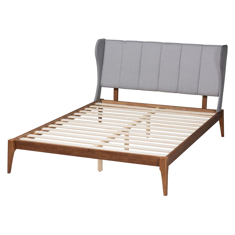 Transitional Light Grey Fabric and Ash Walnut Finished Wood Queen Size Bed. Picture 12