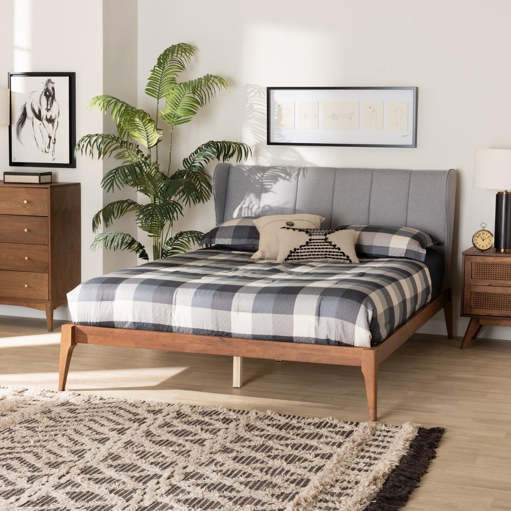 Transitional Light Grey Fabric and Ash Walnut Finished Wood Queen Size Bed. Picture 16