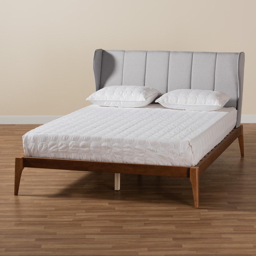 Transitional Light Grey Fabric and Ash Walnut Finished Wood Queen Size Bed. Picture 17