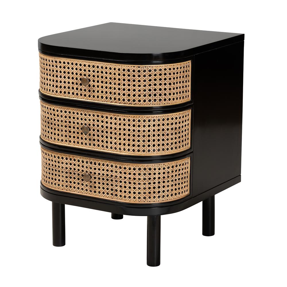 Bohemian Black Bayur Wood and Natural Rattan 3-Drawer End Table Nightstand. Picture 11