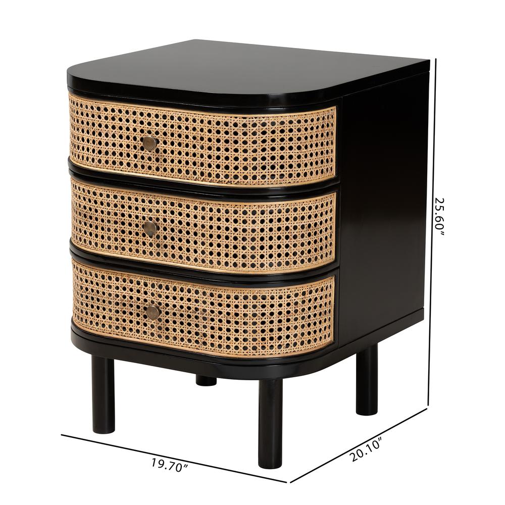Bohemian Black Bayur Wood and Natural Rattan 3-Drawer End Table Nightstand. Picture 20
