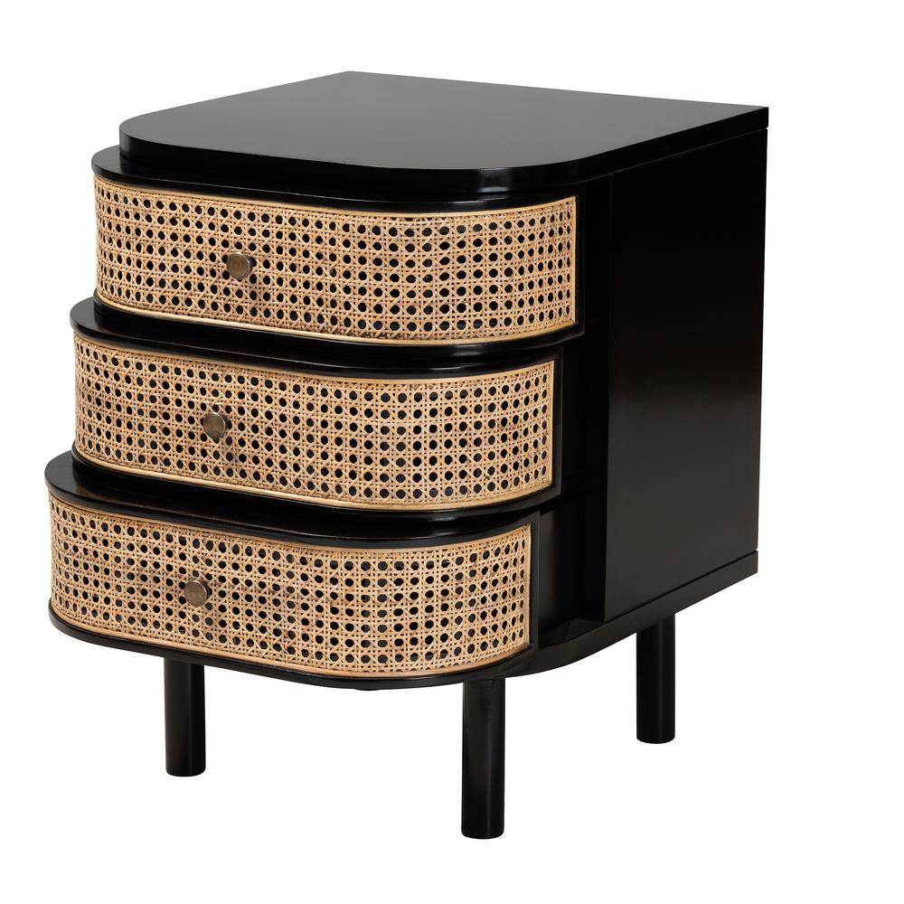 Bohemian Black Bayur Wood and Natural Rattan 3-Drawer End Table Nightstand. Picture 12