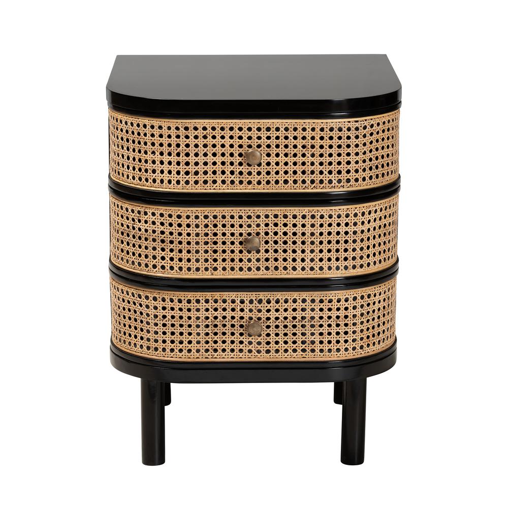 Bohemian Black Bayur Wood and Natural Rattan 3-Drawer End Table Nightstand. Picture 13