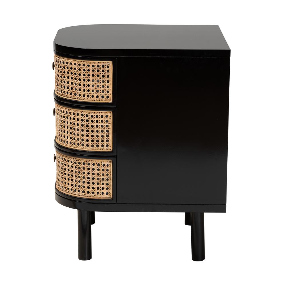 Bohemian Black Bayur Wood and Natural Rattan 3-Drawer End Table Nightstand. Picture 14