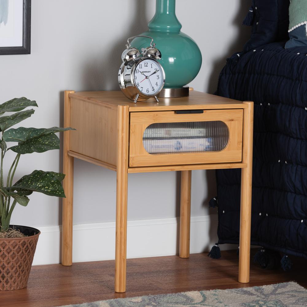 Transitional Natural Brown Bamboo Wood 1-Drawer End Table. Picture 18