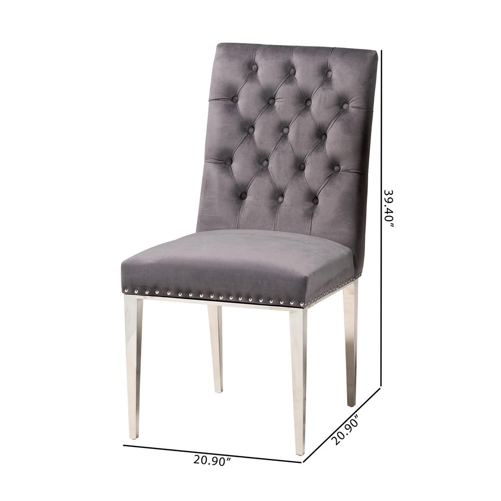 Glam and Luxe Grey Velvet Fabric and Silver Metal 2-Piece Dining Chair Set. Picture 20