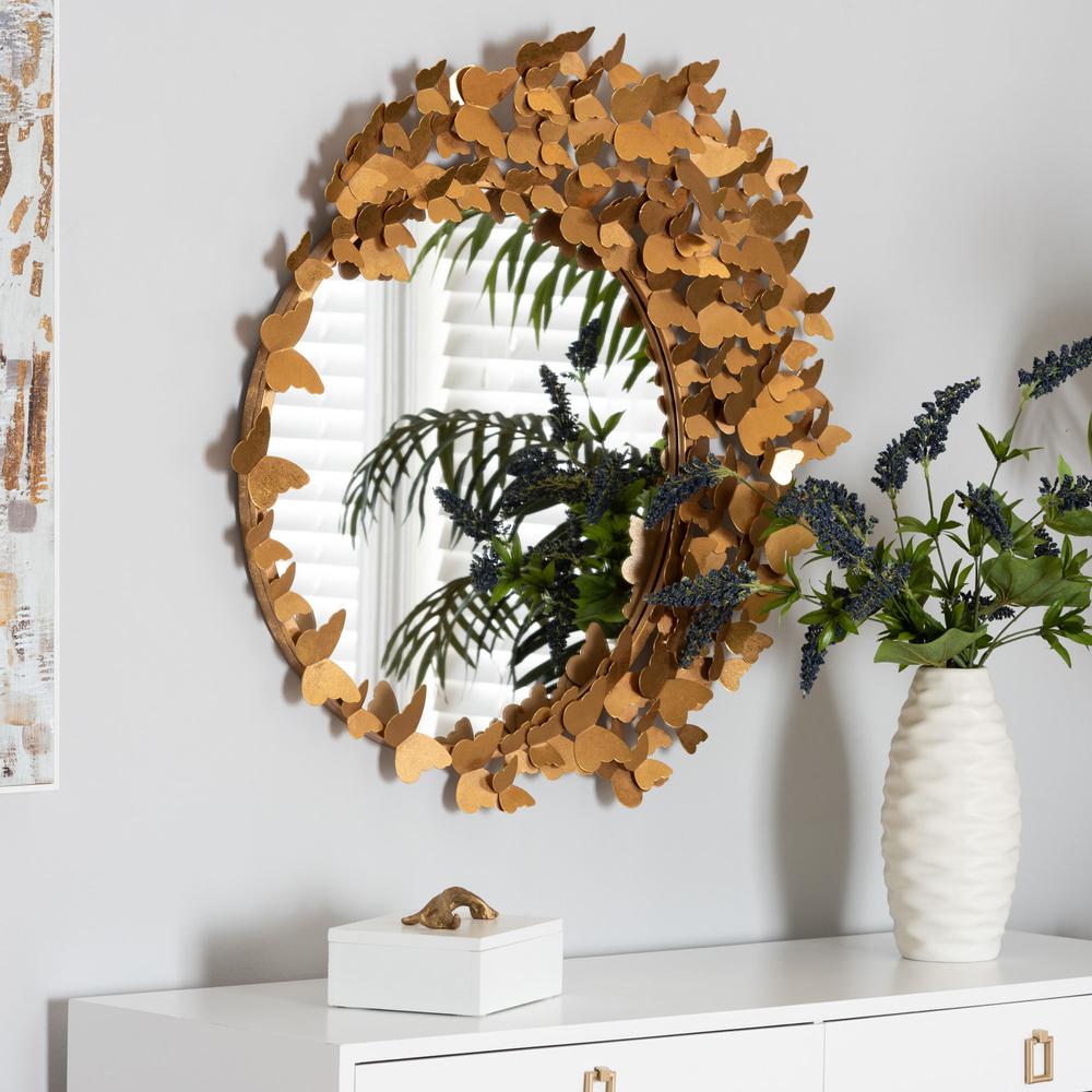 Tauriel Modern Glam and Luxe Antique Goldleaf Metal Butterfly Accent Wall Mirror. Picture 7