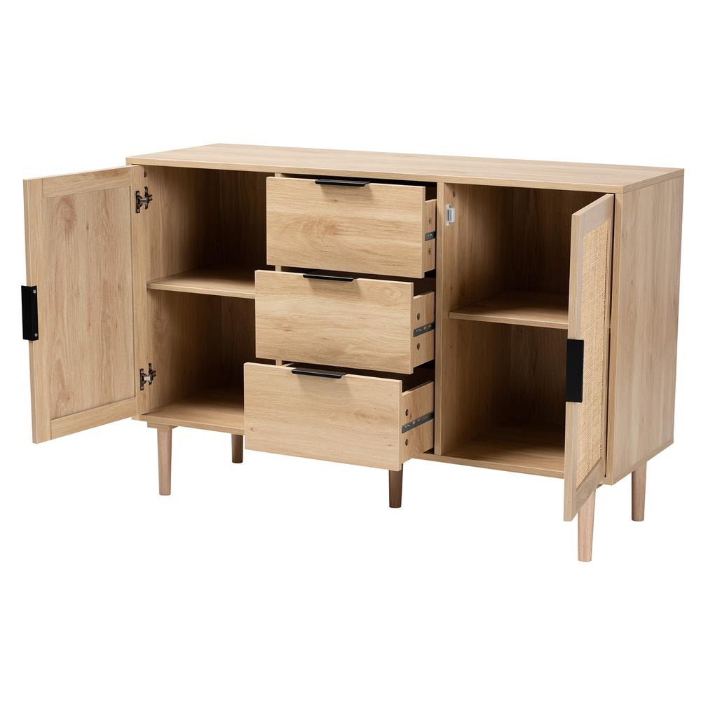 Natural Brown Finished Wood and Natural Rattan 3-Drawer Sideboard. Picture 12