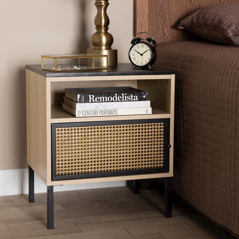 Two-Tone Black and Gold Metal and Light Brown Finished Wood 1-Door End Table. Picture 11