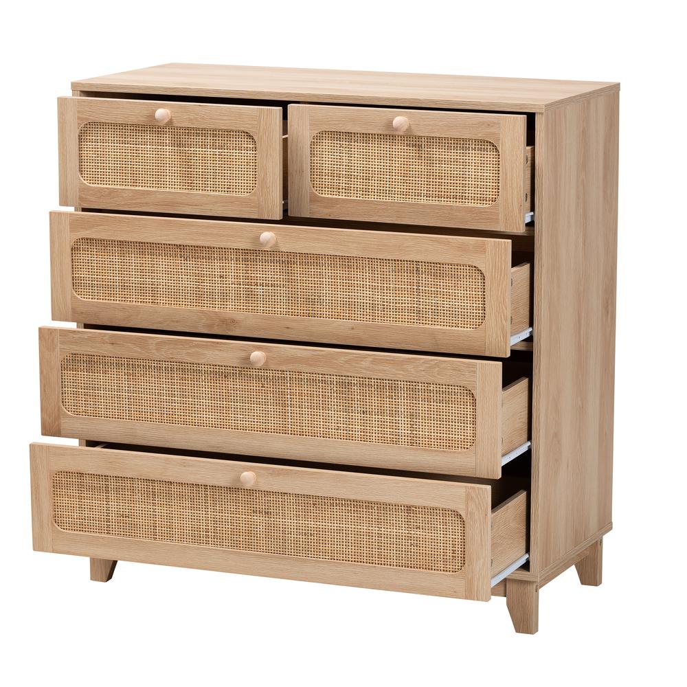 Oak Brown Finished Wood and Natural Rattan 5-Drawer Storage Cabinet. Picture 12